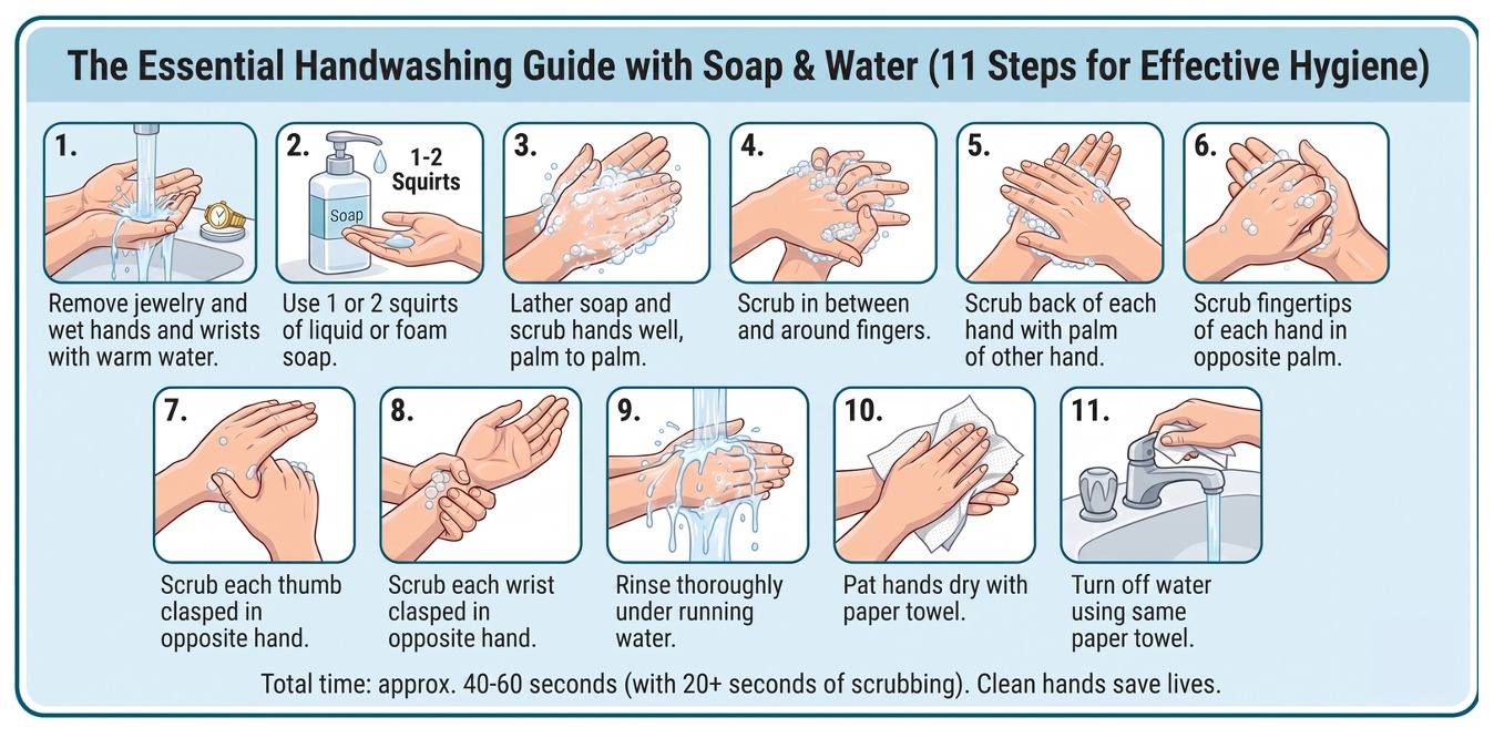 Eleven-step handwash with soap and water: remove jewellery and wet hands and wrists; apply one to two squirts of soap; lather palm to palm; between and around fingers; back of each hand; fingertips into the opposite palm; each thumb; each wrist; rinse thoroughly under running water; pat dry with a paper towel; then turn off the tap with the same towel. Approximately 40–60 seconds.