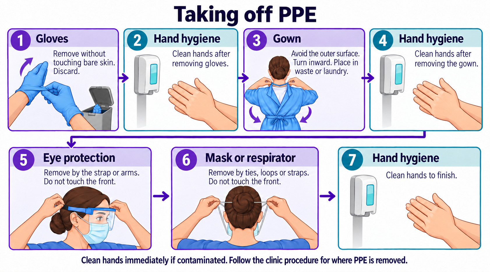 Taking off personal protective equipment, in seven steps: 1 gloves, peeled from the cuff without touching bare skin, then discarded; 2 hand hygiene immediately after glove removal; 3 gown, untied and pulled away turning the outside inward, bundled away from the body; 4 hand hygiene after gown removal; 5 eye protection, removed by the strap or arms without touching the front; 6 mask or respirator, removed by the ties, loops or straps without touching the front; 7 hand hygiene to finish. Treat the outside of used PPE as contaminated, and perform hand hygiene immediately if hands become contaminated at any point.