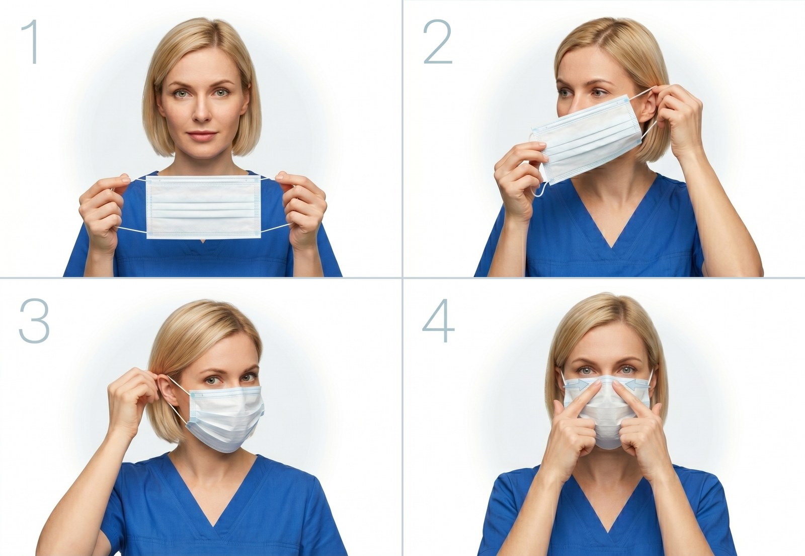 Four photographs of a clinician putting on a medical mask: holding it by the ear loops, placing it over the nose and mouth, securing each loop behind the ears, then moulding the nose piece with both hands for a snug fit.