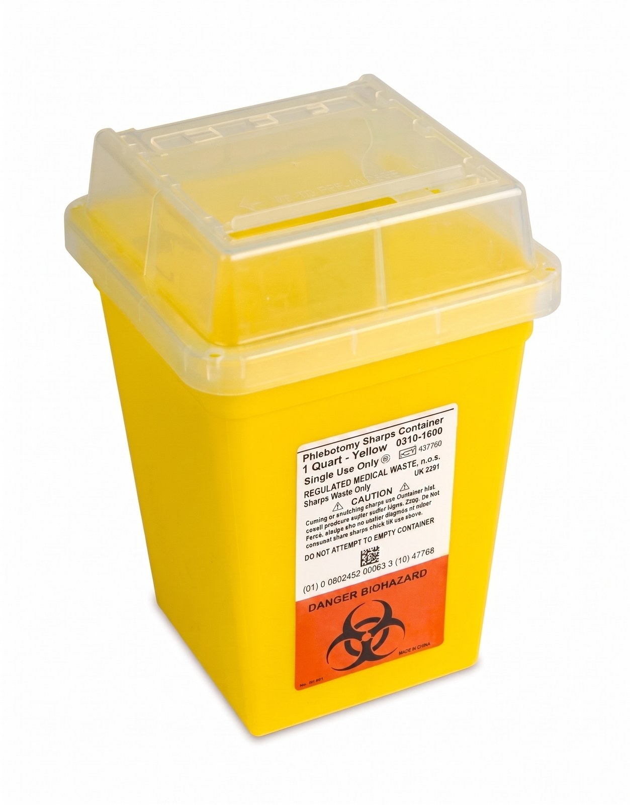 A yellow single-use phlebotomy sharps container with a clear hinged lid and a biohazard warning label.